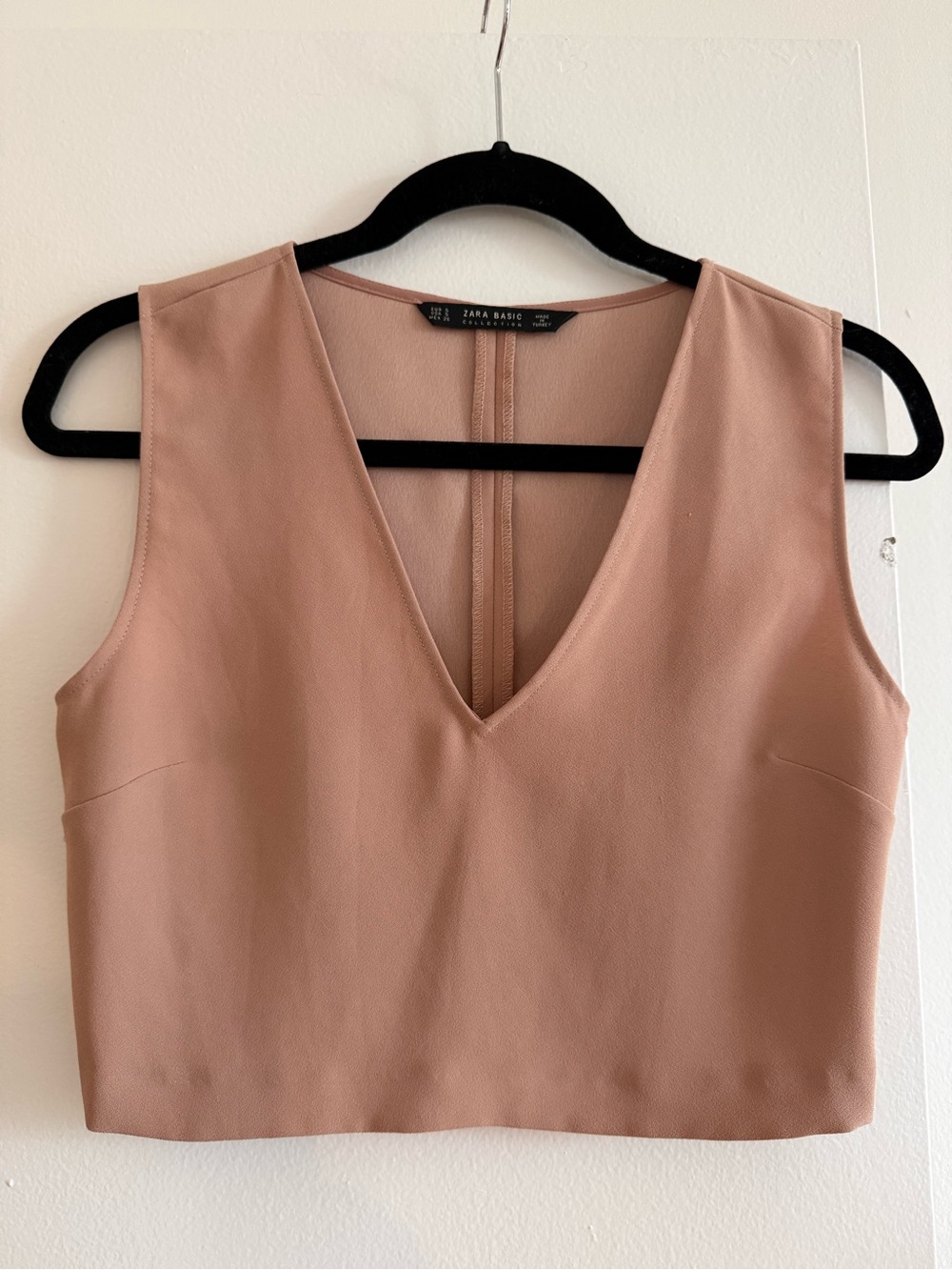 Zara Basic - Salmon/Tan pink, V-Neck Crop Top; Size Small